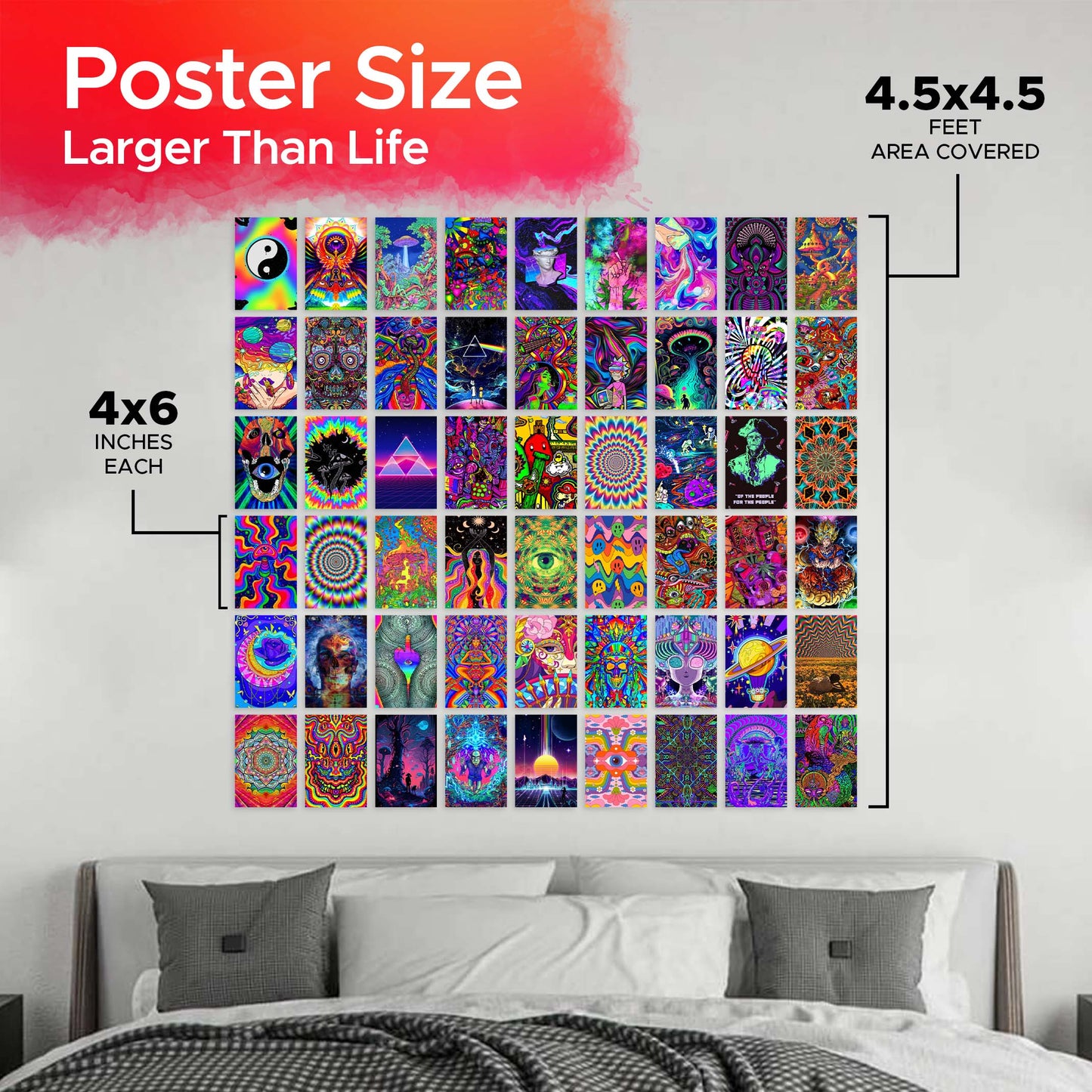 Psychedelic Wall Collage Kit Pack Of 54 Posters Glue Dots Included
