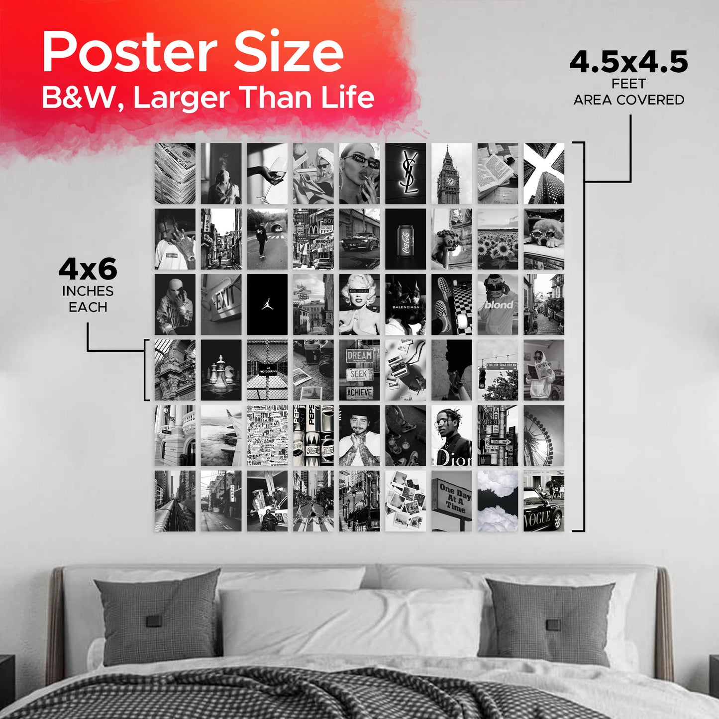 Black & White Wall Collage Kit Pack Of 54 Posters Glue Dots Included