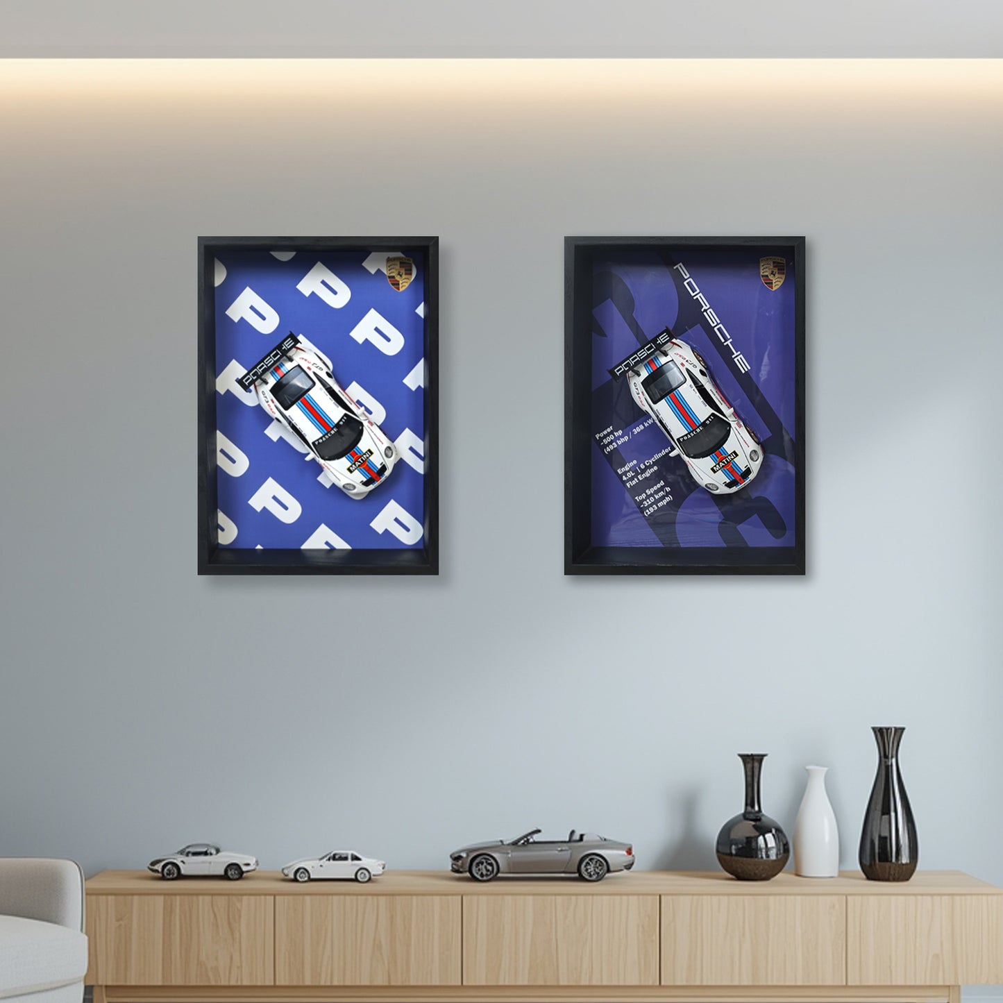 Porsche GT3 RS 3D Car Frame Wall Art | 1:32 Die-Cast Metal Model Car with Red & Blue Racing Stripes | Wooden Display Frame, Detachable Miniature, Interchangeable Posters, Pull-Back Action, Lights & Opening Doors | Collectible Gift for Cars Lovers