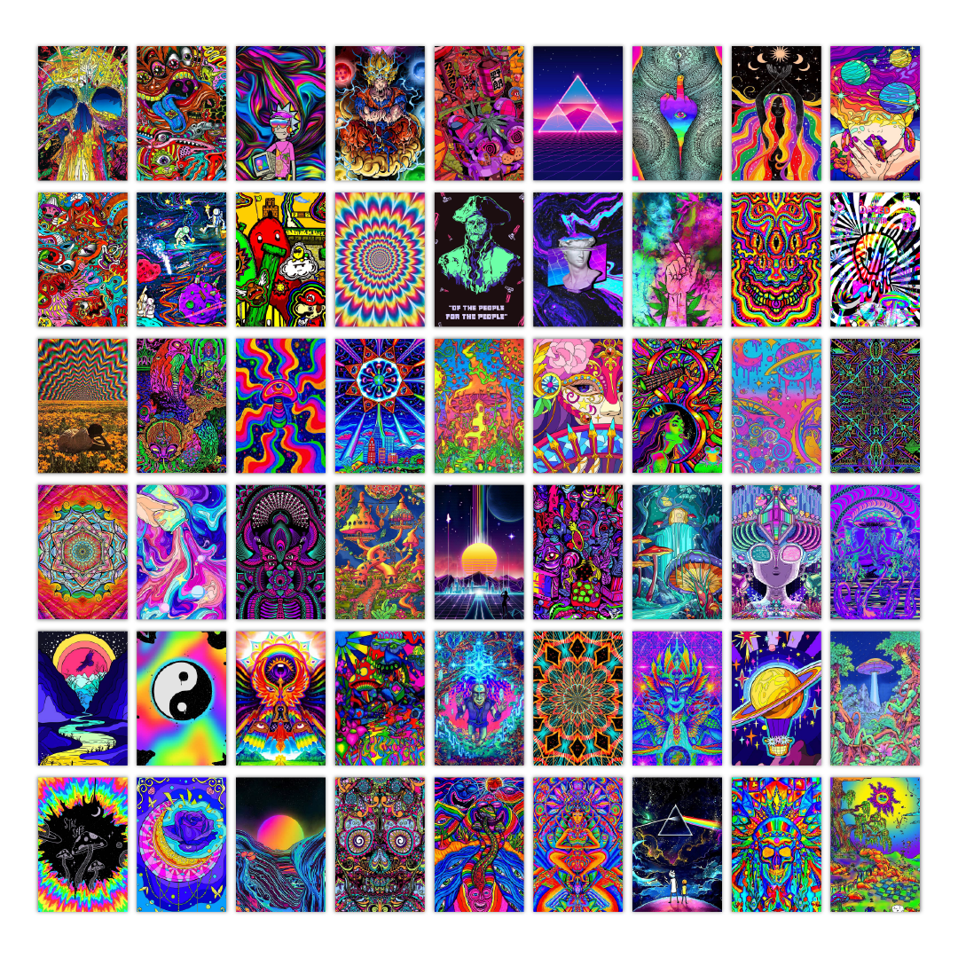 Psychedelic Wall Collage Kit Pack Of 54 Posters Glue Dots Included