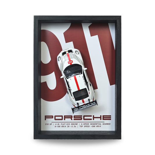 Porsche GT3 RS 3D Car Frame Wall Art | 1:32 Die-Cast Metal Model Car with Wooden Display Frame | Detachable Miniature, Interchangeable Posters, Pull-Back Action, Working Lights & Opening Doors | Premium Collectible Gift for Cars Lovers