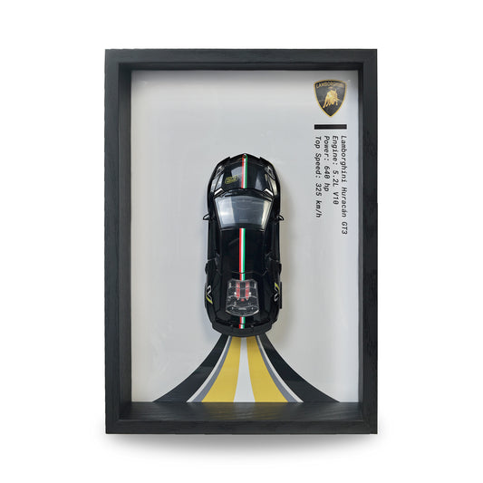 Lamborghini Huracan Black 3D Car Frame Wall Art | 1:32 Die-Cast Metal Model Car with Wooden Display Frame | Detachable Miniature, Interchangeable Posters, Pull-Back Action, Working Lights & Opening Doors | Premium Collectible Gift for Cars Lovers