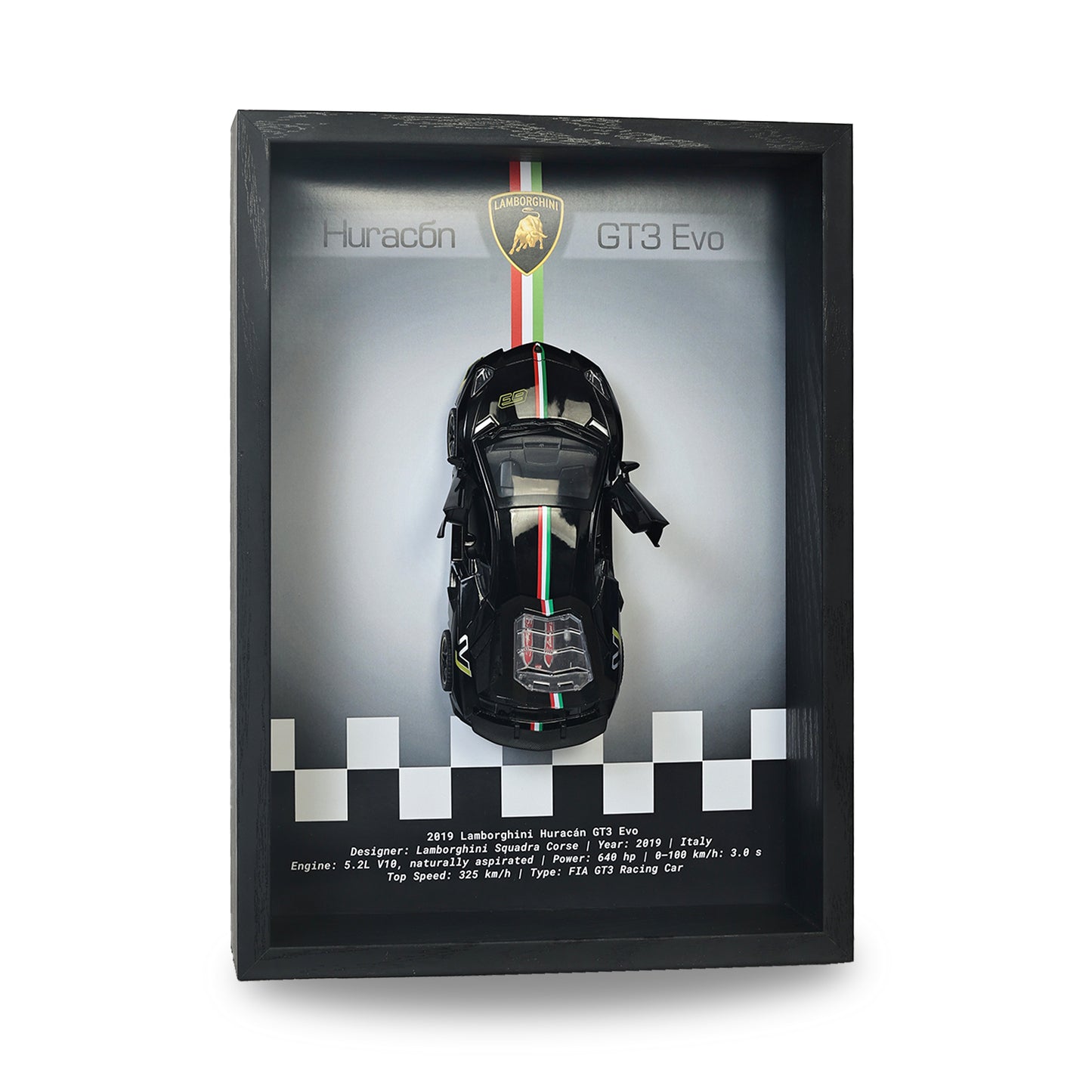 Lamborghini Huracan Black 3D Car Frame Wall Art | 1:32 Die-Cast Metal Model Car with Wooden Display Frame | Detachable Miniature, Interchangeable Posters, Pull-Back Action, Working Lights & Opening Doors | Premium Collectible Gift for Cars Lovers