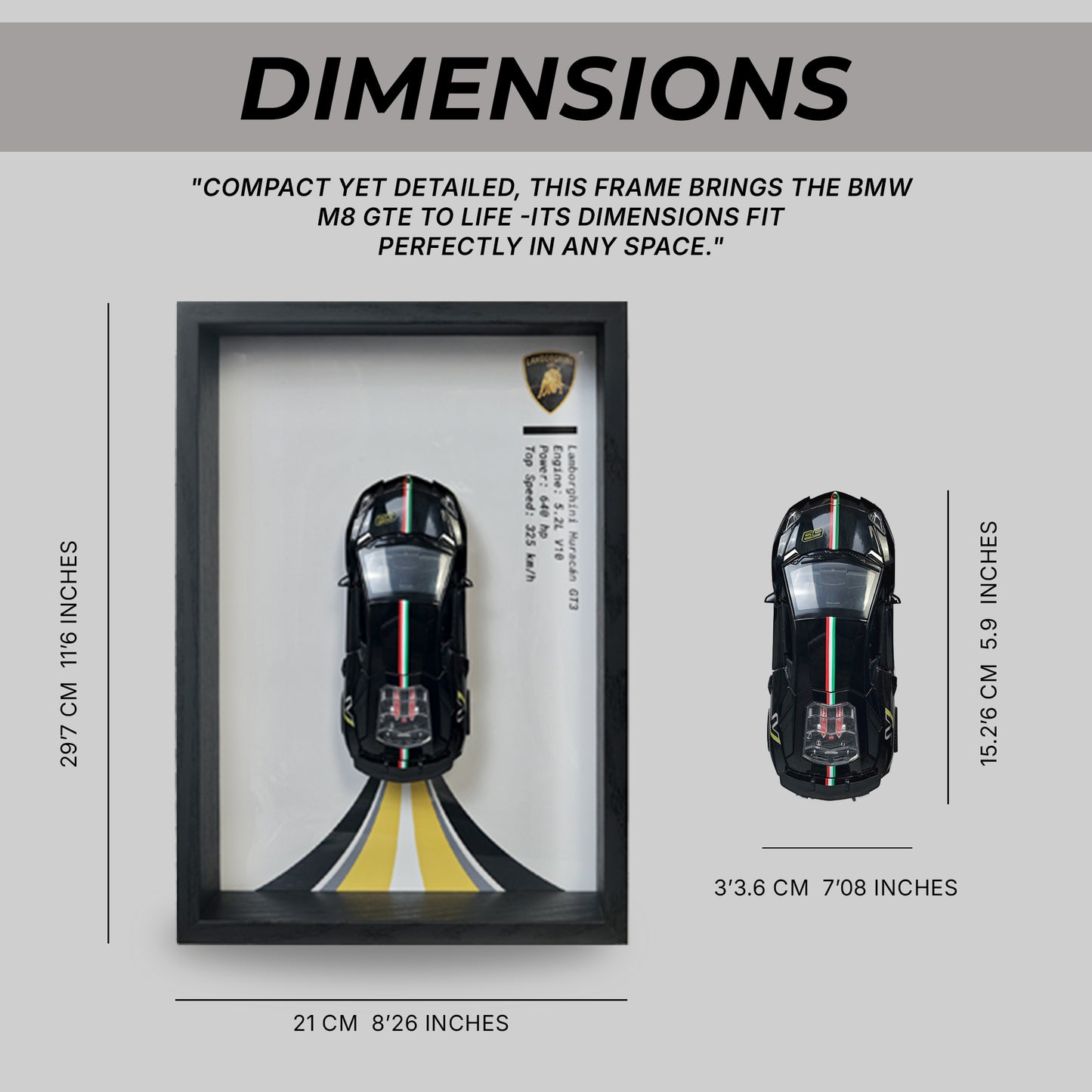 Lamborghini Huracan Black 3D Car Frame Wall Art | 1:32 Die-Cast Metal Model Car with Wooden Display Frame | Detachable Miniature, Interchangeable Posters, Pull-Back Action, Working Lights & Opening Doors | Premium Collectible Gift for Cars Lovers