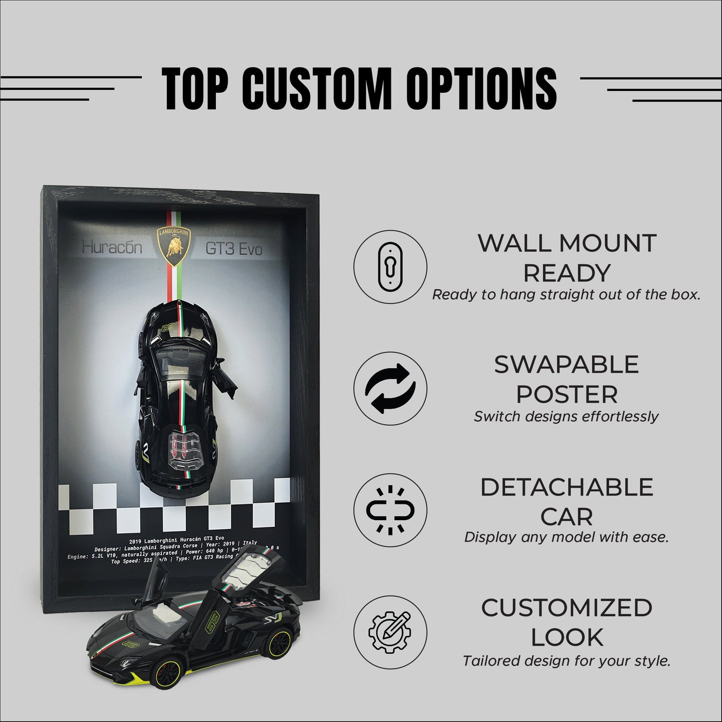 Lamborghini Huracan Black 3D Car Frame Wall Art | 1:32 Die-Cast Metal Model Car with Wooden Display Frame | Detachable Miniature, Interchangeable Posters, Pull-Back Action, Working Lights & Opening Doors | Premium Collectible Gift for Cars Lovers