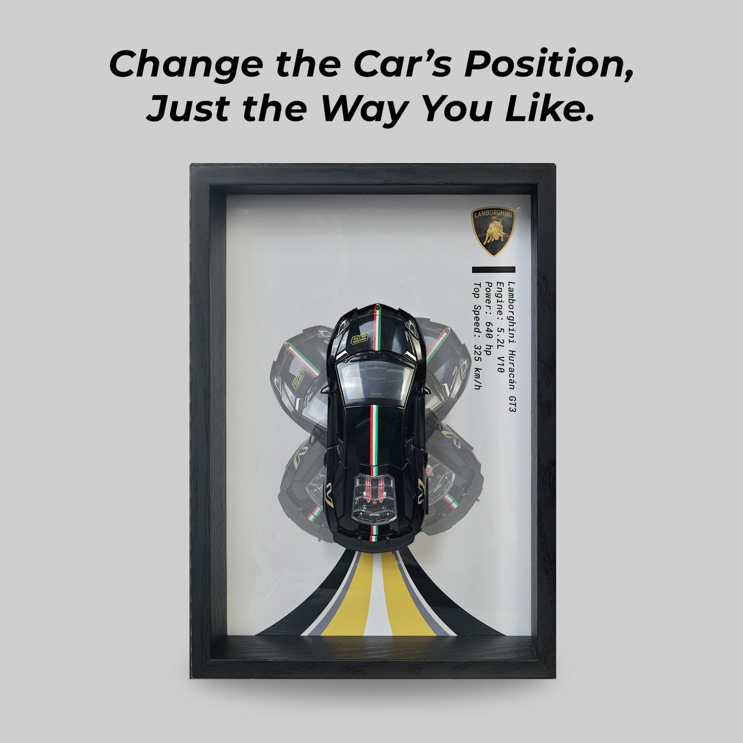 Lamborghini Huracan Black 3D Car Frame Wall Art | 1:32 Die-Cast Metal Model Car with Wooden Display Frame | Detachable Miniature, Interchangeable Posters, Pull-Back Action, Working Lights & Opening Doors | Premium Collectible Gift for Cars Lovers