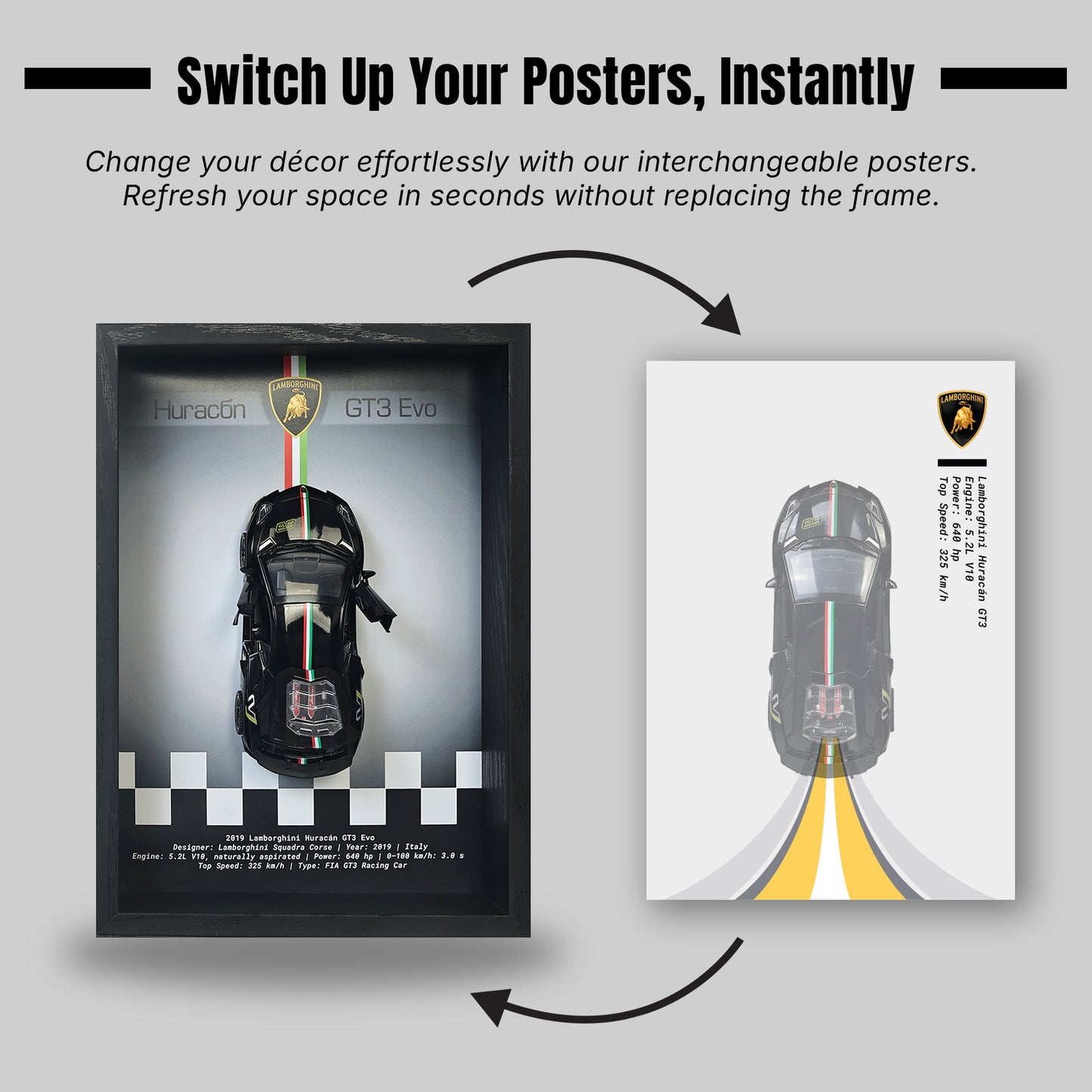 Lamborghini Huracan Black 3D Car Frame Wall Art | 1:32 Die-Cast Metal Model Car with Wooden Display Frame | Detachable Miniature, Interchangeable Posters, Pull-Back Action, Working Lights & Opening Doors | Premium Collectible Gift for Cars Lovers