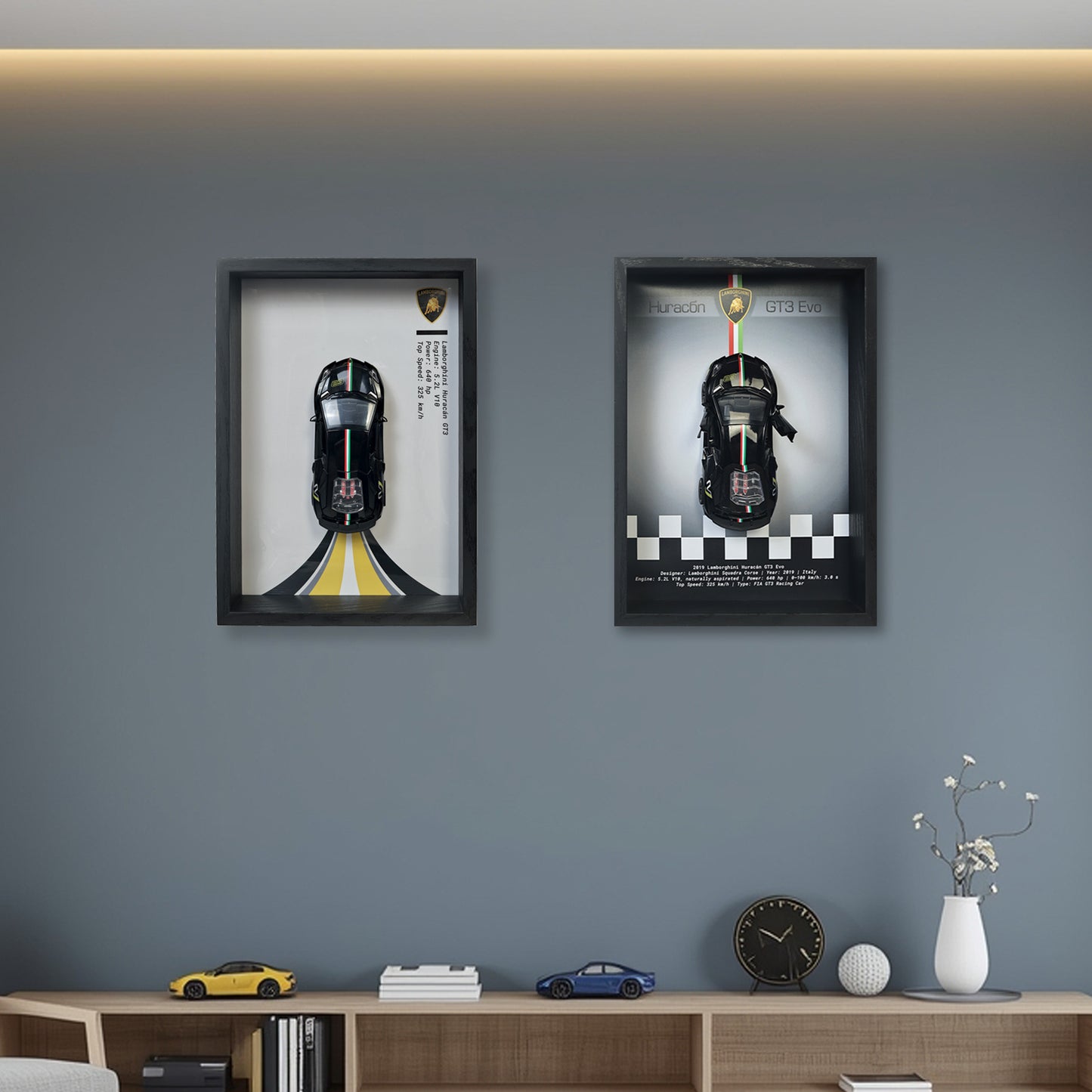 Lamborghini Huracan Black 3D Car Frame Wall Art | 1:32 Die-Cast Metal Model Car with Wooden Display Frame | Detachable Miniature, Interchangeable Posters, Pull-Back Action, Working Lights & Opening Doors | Premium Collectible Gift for Cars Lovers