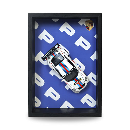 Porsche GT3 RS 3D Car Frame Wall Art | 1:32 Die-Cast Metal Model Car with Red & Blue Racing Stripes | Wooden Display Frame, Detachable Miniature, Interchangeable Posters, Pull-Back Action, Lights & Opening Doors | Collectible Gift for Cars Lovers