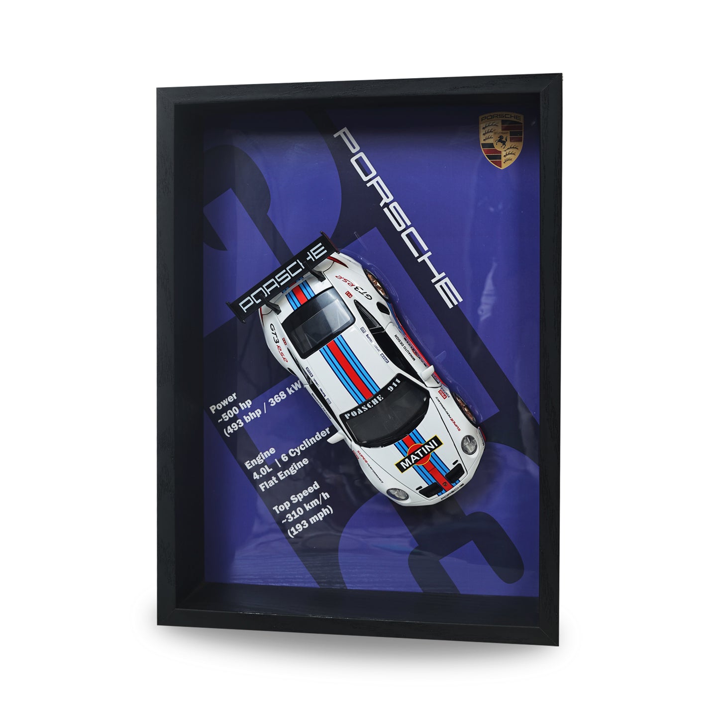 Porsche GT3 RS 3D Car Frame Wall Art | 1:32 Die-Cast Metal Model Car with Red & Blue Racing Stripes | Wooden Display Frame, Detachable Miniature, Interchangeable Posters, Pull-Back Action, Lights & Opening Doors | Collectible Gift for Cars Lovers