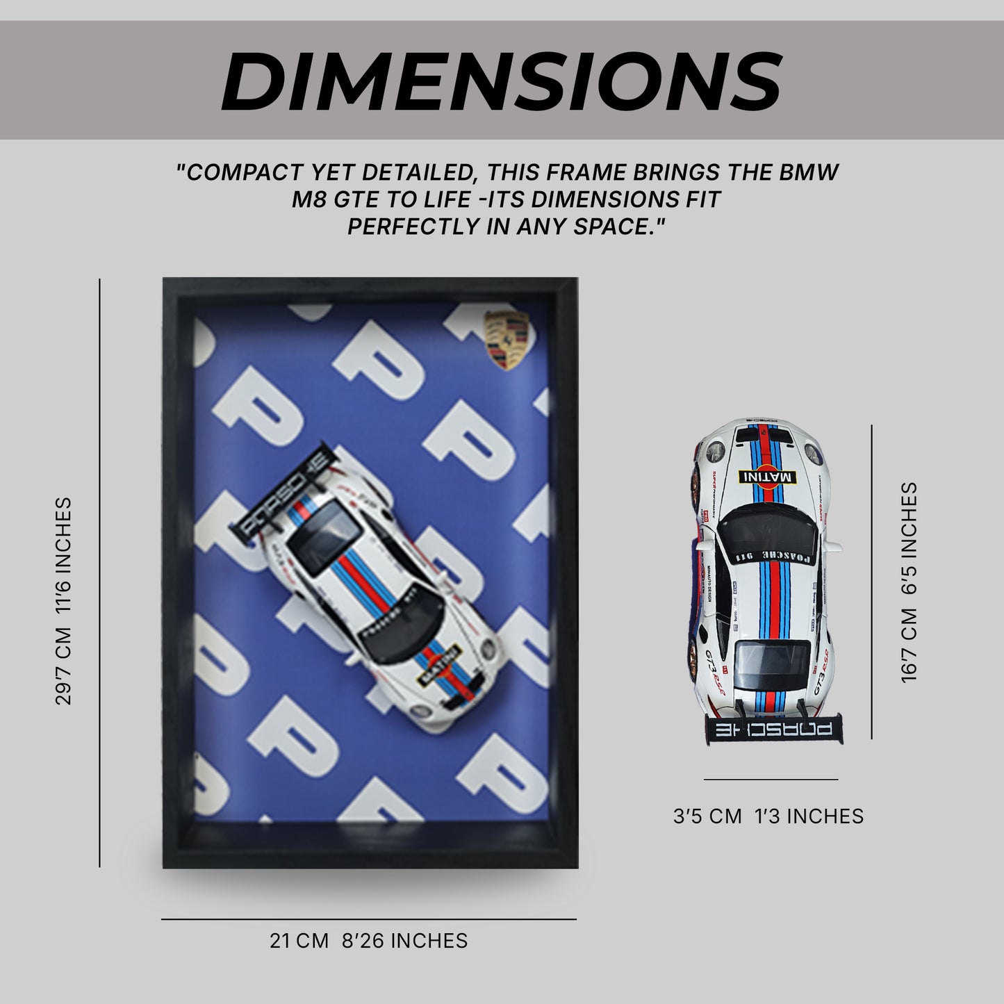 Porsche GT3 RS 3D Car Frame Wall Art | 1:32 Die-Cast Metal Model Car with Red & Blue Racing Stripes | Wooden Display Frame, Detachable Miniature, Interchangeable Posters, Pull-Back Action, Lights & Opening Doors | Collectible Gift for Cars Lovers