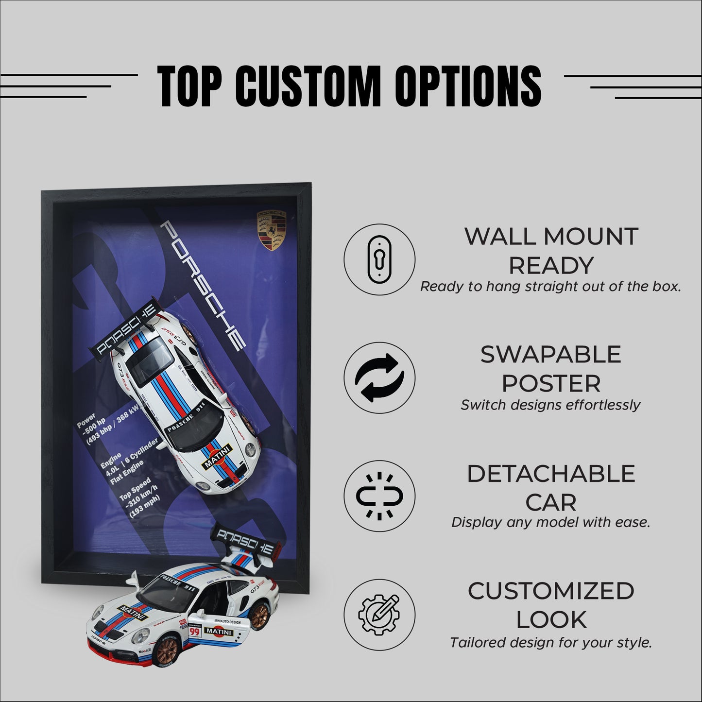 Porsche GT3 RS 3D Car Frame Wall Art | 1:32 Die-Cast Metal Model Car with Red & Blue Racing Stripes | Wooden Display Frame, Detachable Miniature, Interchangeable Posters, Pull-Back Action, Lights & Opening Doors | Collectible Gift for Cars Lovers