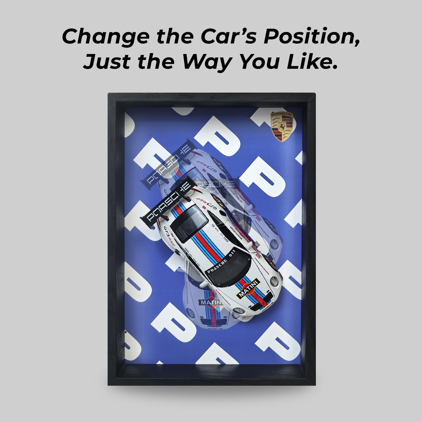 Porsche GT3 RS 3D Car Frame Wall Art | 1:32 Die-Cast Metal Model Car with Red & Blue Racing Stripes | Wooden Display Frame, Detachable Miniature, Interchangeable Posters, Pull-Back Action, Lights & Opening Doors | Collectible Gift for Cars Lovers