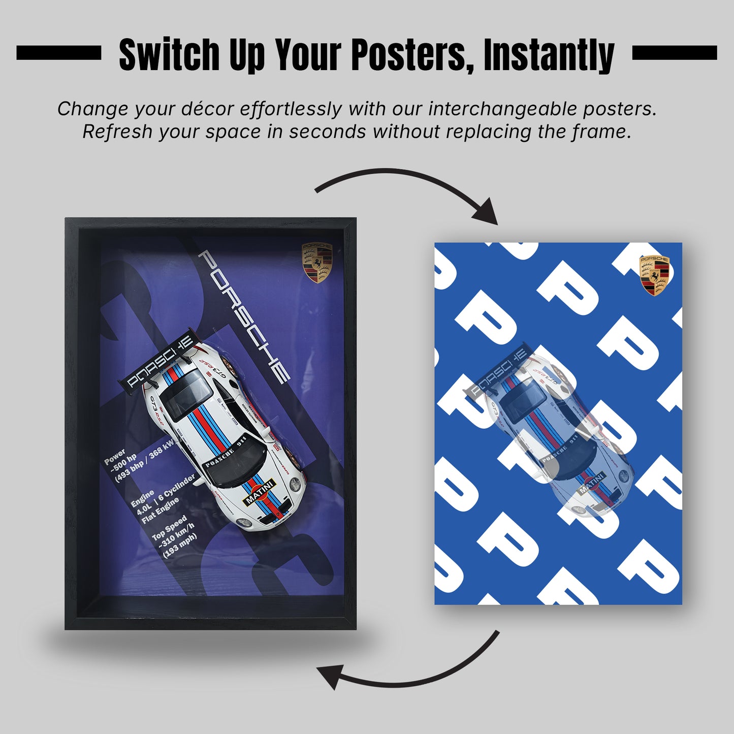 Porsche GT3 RS 3D Car Frame Wall Art | 1:32 Die-Cast Metal Model Car with Red & Blue Racing Stripes | Wooden Display Frame, Detachable Miniature, Interchangeable Posters, Pull-Back Action, Lights & Opening Doors | Collectible Gift for Cars Lovers