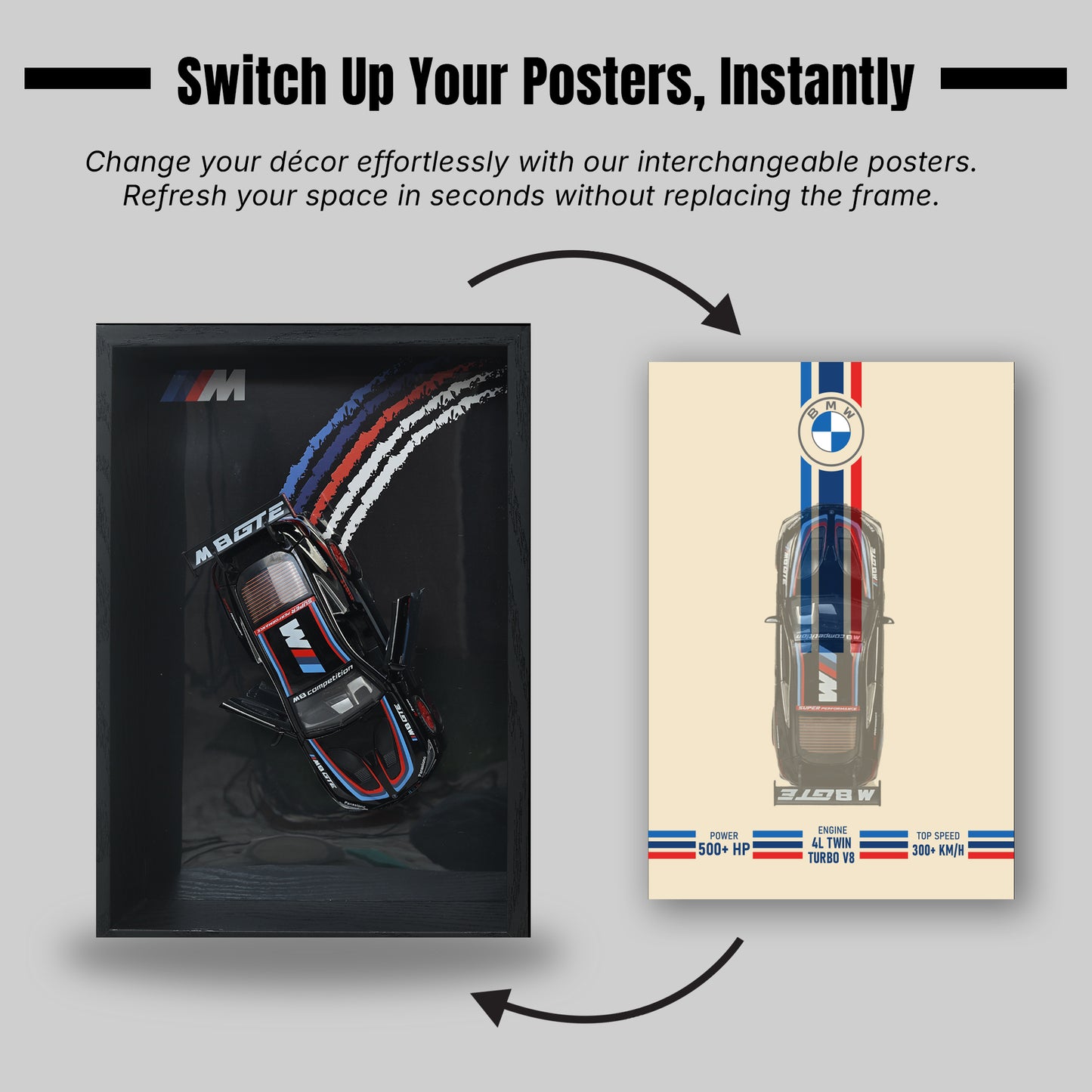 BMW M8 GTE 3D Car Frame Wall Art | 1:32 Die-Cast Metal Model Car with Wooden Display Frame | Detachable Miniature, Interchangeable Posters, Pull-Back Action, Lights & Opening Doors | Unique Gift for Cars Lovers & Home Décor