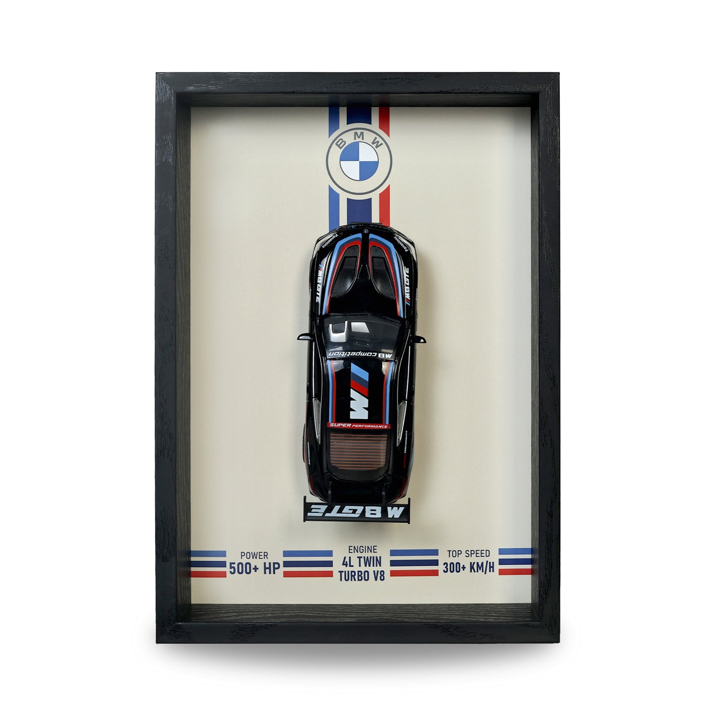 BMW M8 GTE 3D Car Frame Wall Art | 1:32 Die-Cast Metal Model Car with Wooden Display Frame | Detachable Miniature, Interchangeable Posters, Pull-Back Action, Lights & Opening Doors | Unique Gift for Cars Lovers & Home Décor