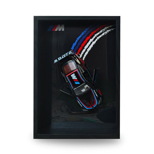 BMW M8 GTE 3D Car Frame Wall Art | 1:32 Die-Cast Metal Model Car with Wooden Display Frame | Detachable Miniature, Interchangeable Posters, Pull-Back Action, Lights & Opening Doors | Unique Gift for Cars Lovers & Home Décor