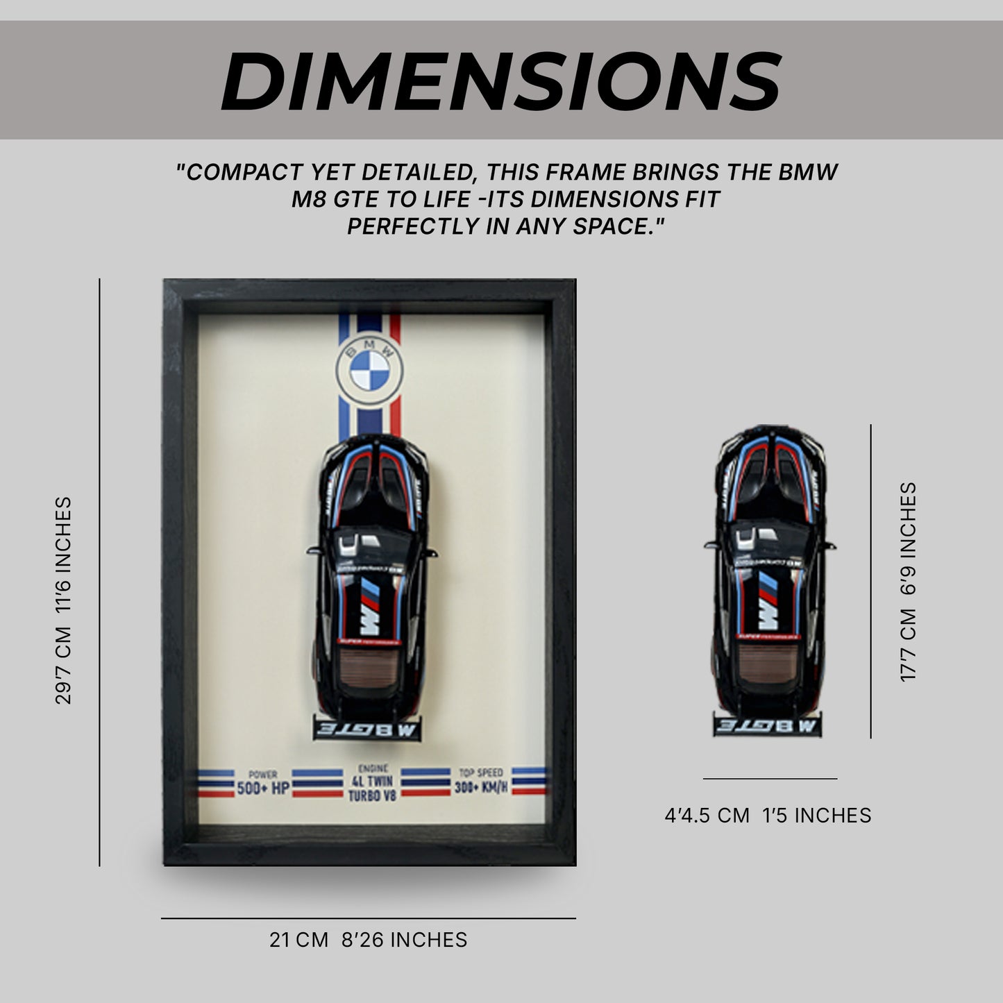BMW M8 GTE 3D Car Frame Wall Art | 1:32 Die-Cast Metal Model Car with Wooden Display Frame | Detachable Miniature, Interchangeable Posters, Pull-Back Action, Lights & Opening Doors | Unique Gift for Cars Lovers & Home Décor