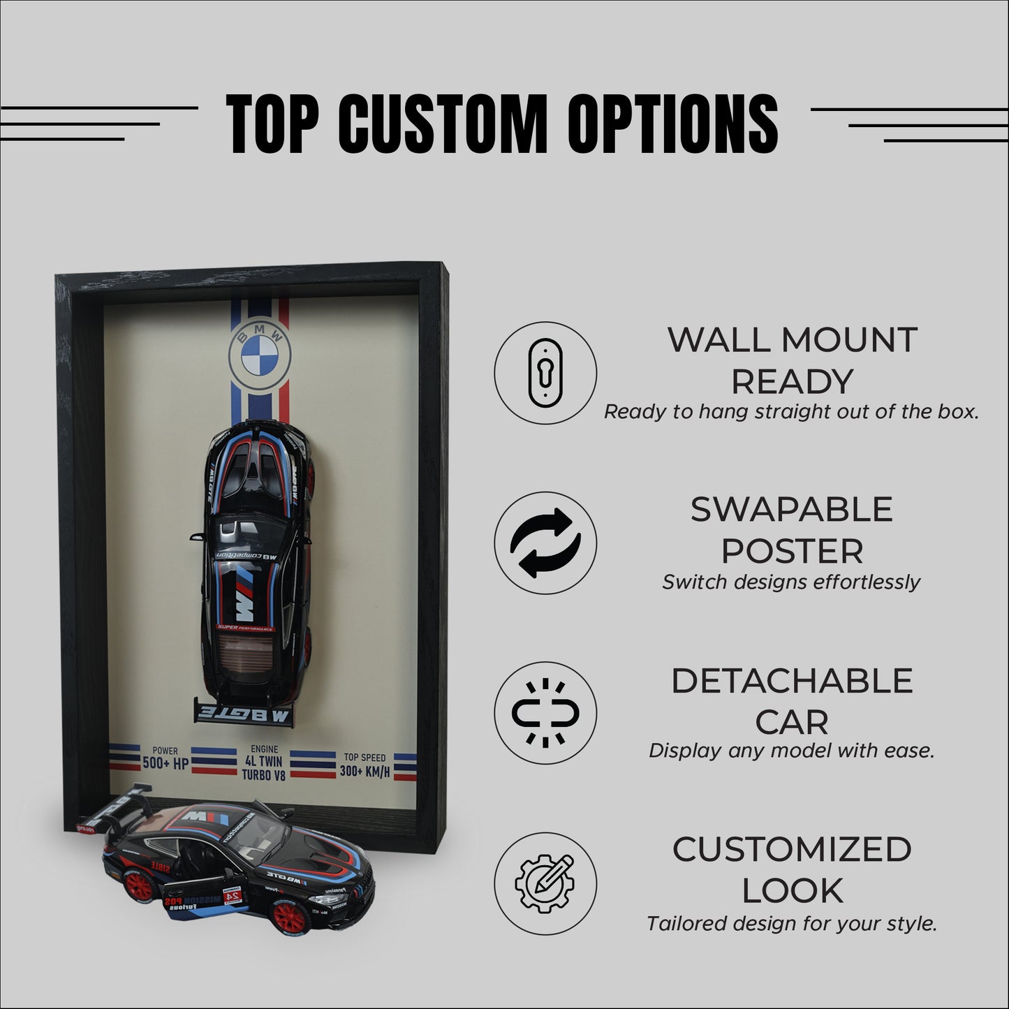 BMW M8 GTE 3D Car Frame Wall Art | 1:32 Die-Cast Metal Model Car with Wooden Display Frame | Detachable Miniature, Interchangeable Posters, Pull-Back Action, Lights & Opening Doors | Unique Gift for Cars Lovers & Home Décor