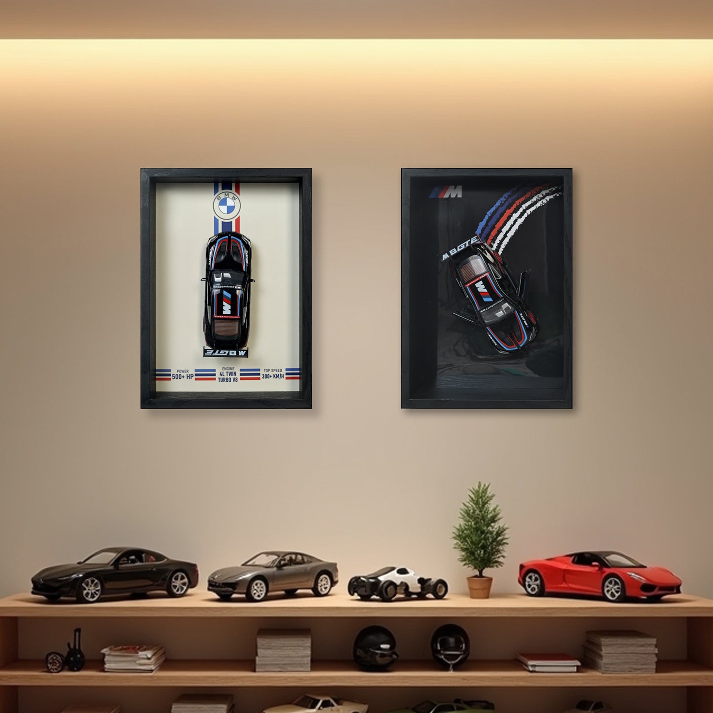 BMW M8 GTE 3D Car Frame Wall Art | 1:32 Die-Cast Metal Model Car with Wooden Display Frame | Detachable Miniature, Interchangeable Posters, Pull-Back Action, Lights & Opening Doors | Unique Gift for Cars Lovers & Home Décor