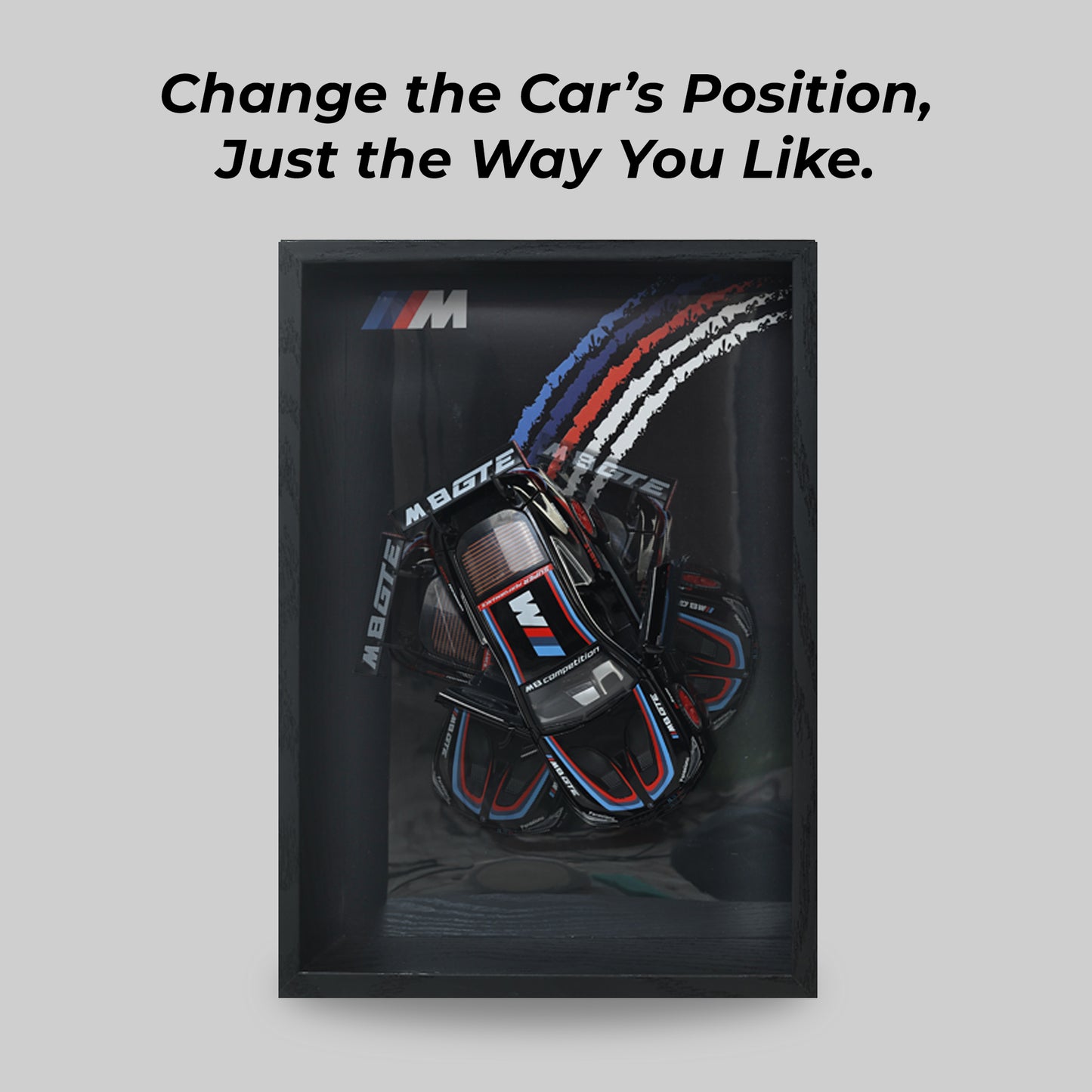 BMW M8 GTE 3D Car Frame Wall Art | 1:32 Die-Cast Metal Model Car with Wooden Display Frame | Detachable Miniature, Interchangeable Posters, Pull-Back Action, Lights & Opening Doors | Unique Gift for Cars Lovers & Home Décor