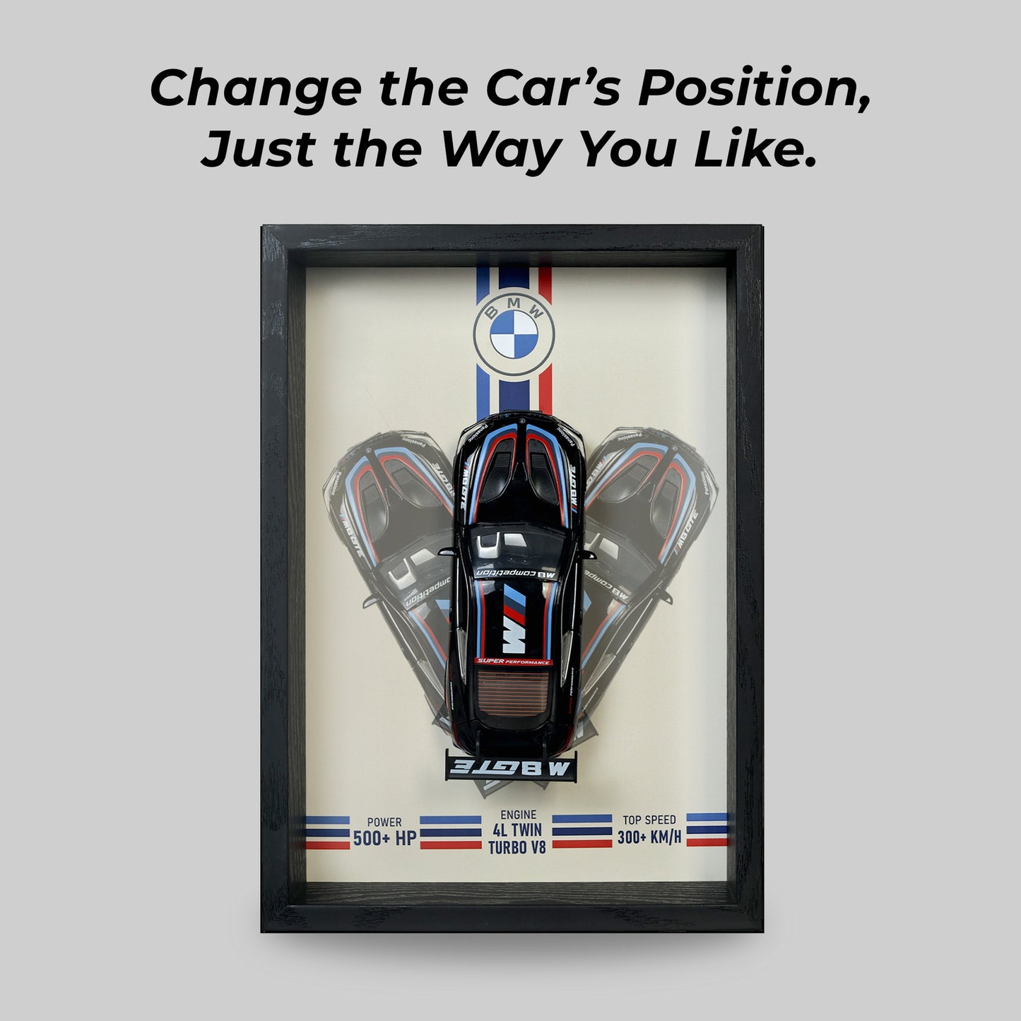 BMW M8 GTE 3D Car Frame Wall Art | 1:32 Die-Cast Metal Model Car with Wooden Display Frame | Detachable Miniature, Interchangeable Posters, Pull-Back Action, Lights & Opening Doors | Unique Gift for Cars Lovers & Home Décor