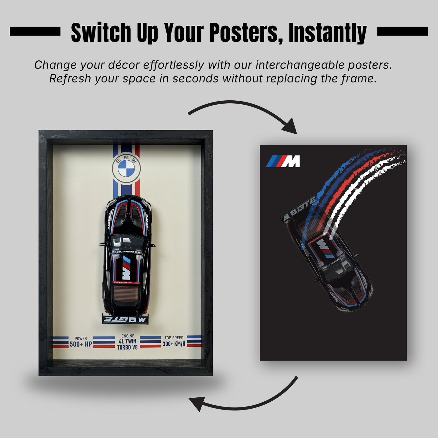 BMW M8 GTE 3D Car Frame Wall Art | 1:32 Die-Cast Metal Model Car with Wooden Display Frame | Detachable Miniature, Interchangeable Posters, Pull-Back Action, Lights & Opening Doors | Unique Gift for Cars Lovers & Home Décor