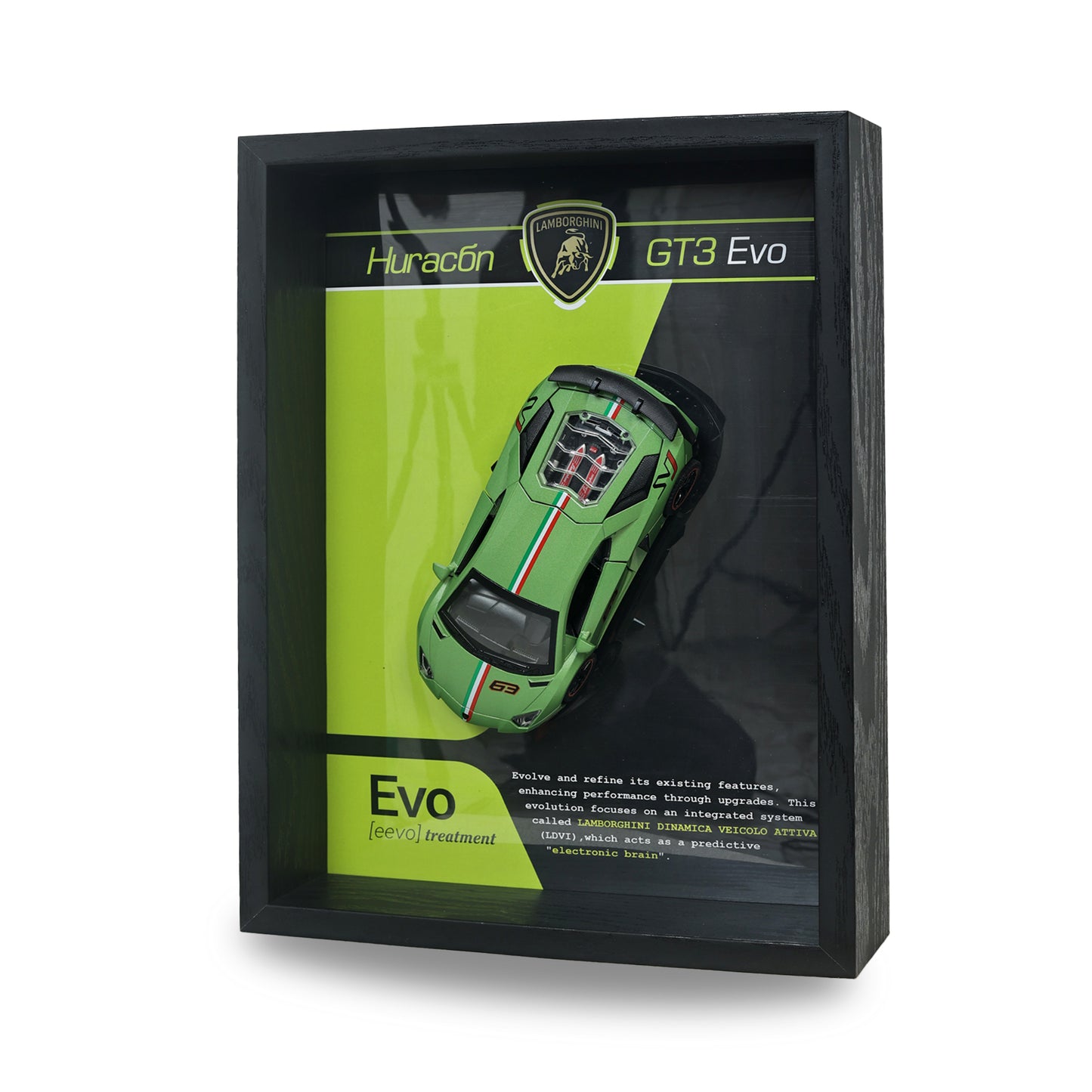 Lamborghini Huracan Evo Green 3D Car Frame | 1:32 Green Die-Cast Metal Model Car with Wooden Display Frame | Detachable Miniature, Interchangeable Posters, Pull-Back Action, Working Lights & Opening Doors | Premium Collectible Gift for Cars Lovers