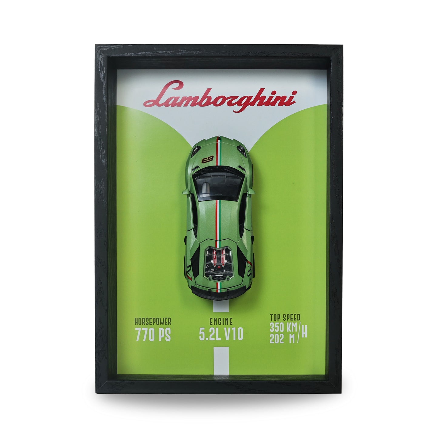 Lamborghini Huracan Evo Green 3D Car Frame | 1:32 Green Die-Cast Metal Model Car with Wooden Display Frame | Detachable Miniature, Interchangeable Posters, Pull-Back Action, Working Lights & Opening Doors | Premium Collectible Gift for Cars Lovers