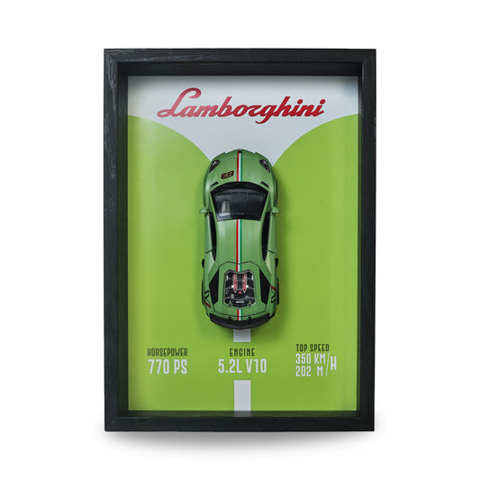 Lamborghini Huracan Evo Green 3D Car Frame | 1:32 Green Die-Cast Metal Model Car with Wooden Display Frame | Detachable Miniature, Interchangeable Posters, Pull-Back Action, Working Lights & Opening Doors | Premium Collectible Gift for Cars Lovers