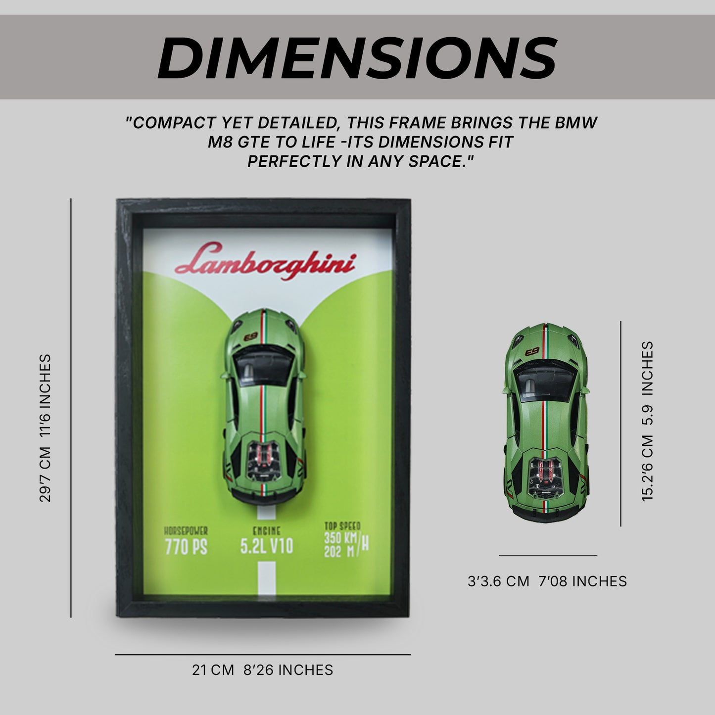 Lamborghini Huracan Evo Green 3D Car Frame | 1:32 Green Die-Cast Metal Model Car with Wooden Display Frame | Detachable Miniature, Interchangeable Posters, Pull-Back Action, Working Lights & Opening Doors | Premium Collectible Gift for Cars Lovers