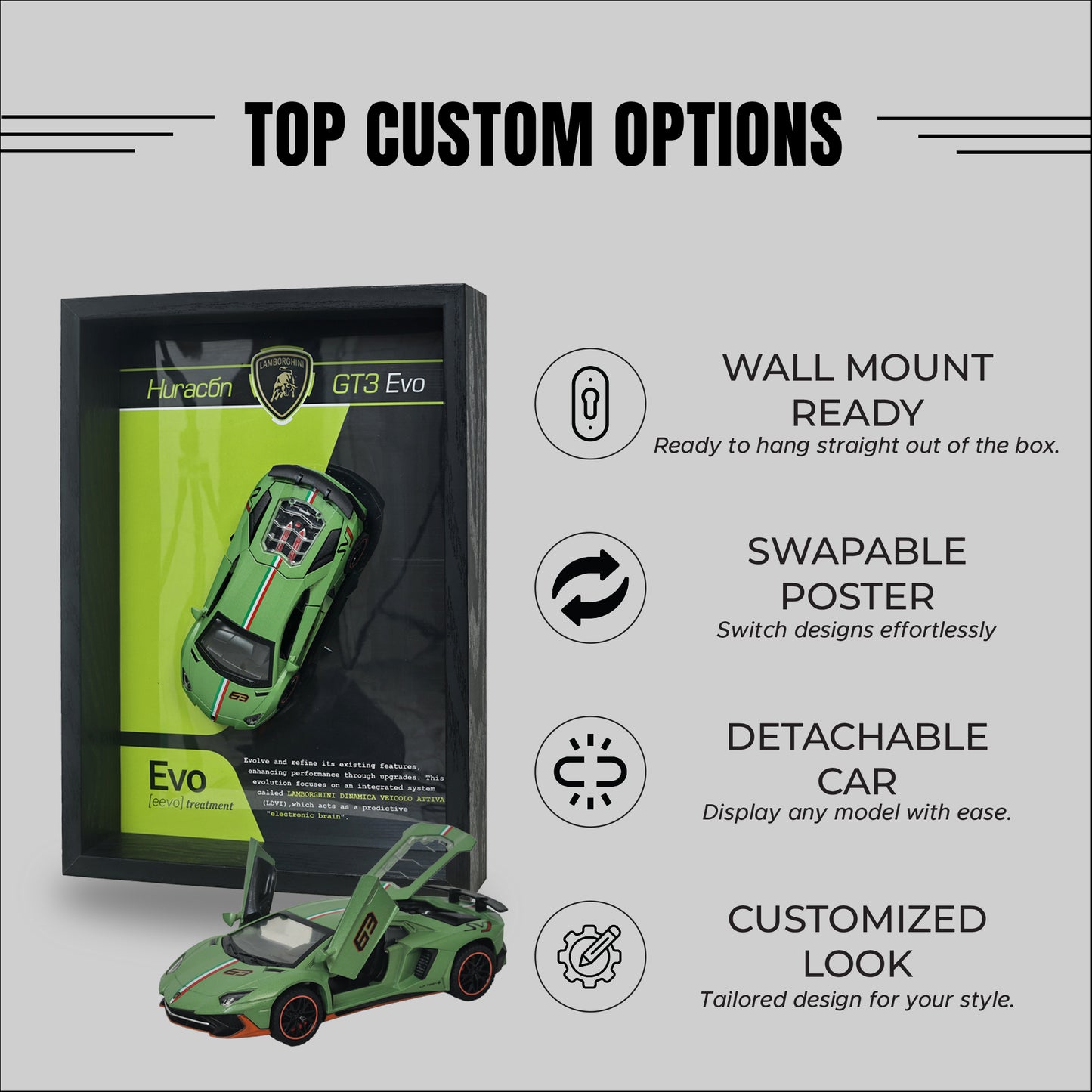 Lamborghini Huracan Evo Green 3D Car Frame | 1:32 Green Die-Cast Metal Model Car with Wooden Display Frame | Detachable Miniature, Interchangeable Posters, Pull-Back Action, Working Lights & Opening Doors | Premium Collectible Gift for Cars Lovers