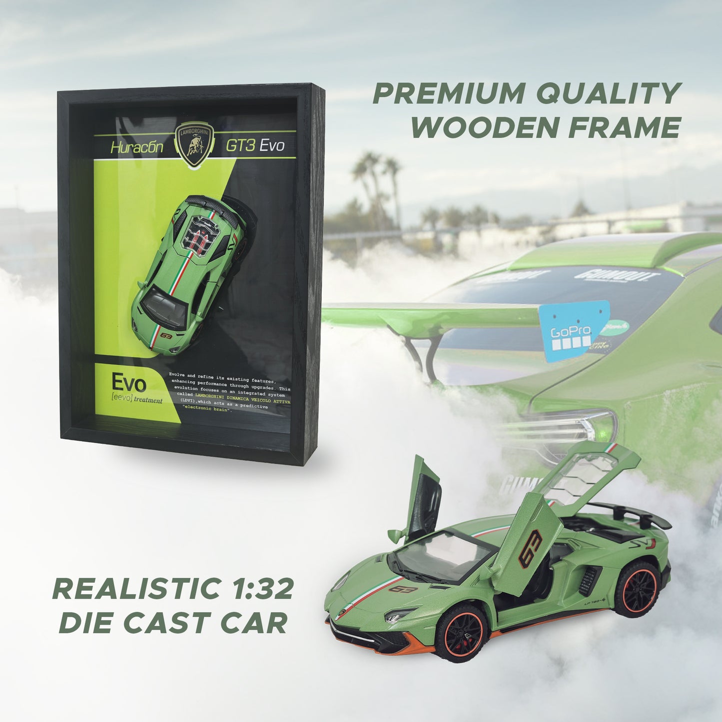 Lamborghini Huracan Evo Green 3D Car Frame | 1:32 Green Die-Cast Metal Model Car with Wooden Display Frame | Detachable Miniature, Interchangeable Posters, Pull-Back Action, Working Lights & Opening Doors | Premium Collectible Gift for Cars Lovers