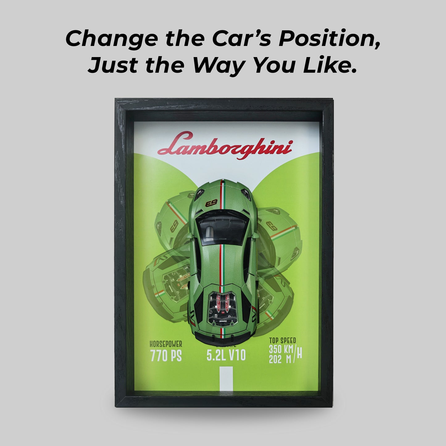 Lamborghini Huracan Evo Green 3D Car Frame | 1:32 Green Die-Cast Metal Model Car with Wooden Display Frame | Detachable Miniature, Interchangeable Posters, Pull-Back Action, Working Lights & Opening Doors | Premium Collectible Gift for Cars Lovers