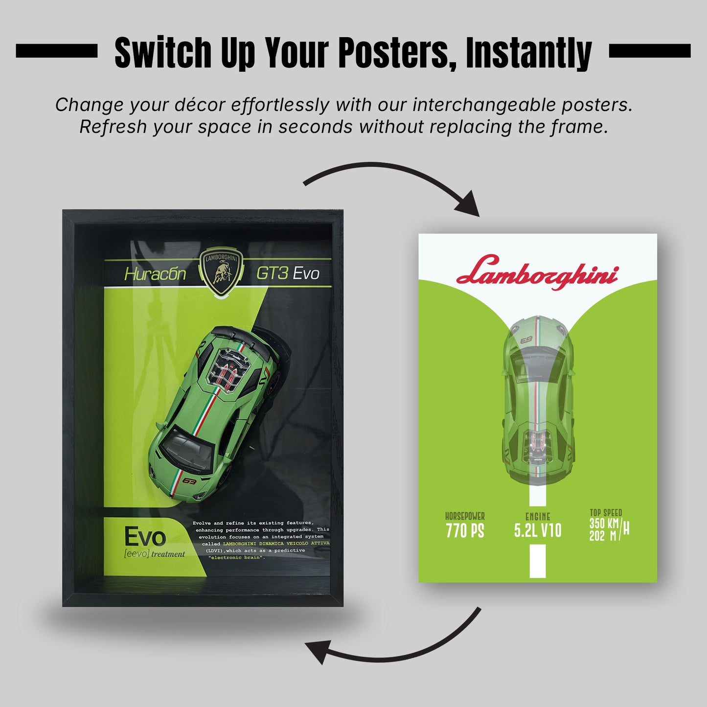 Lamborghini Huracan Evo Green 3D Car Frame | 1:32 Green Die-Cast Metal Model Car with Wooden Display Frame | Detachable Miniature, Interchangeable Posters, Pull-Back Action, Working Lights & Opening Doors | Premium Collectible Gift for Cars Lovers