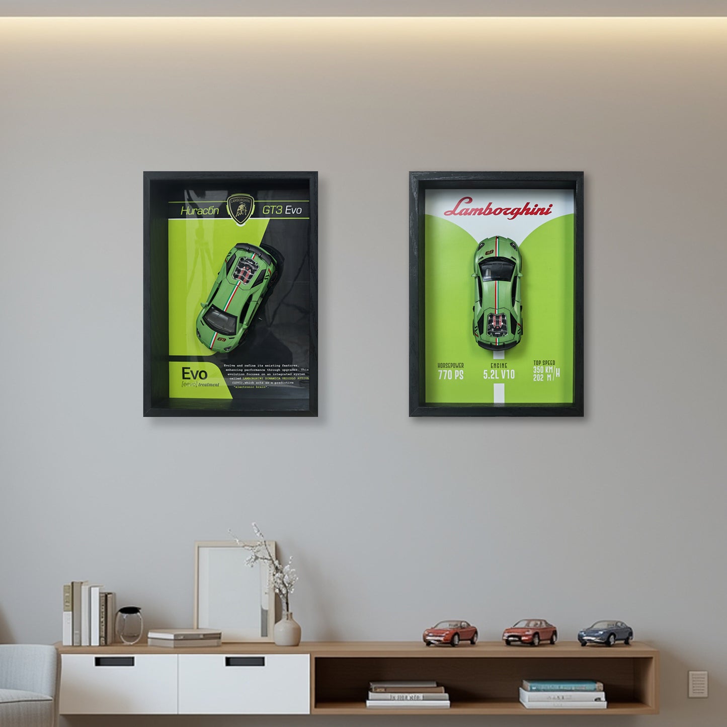 Lamborghini Huracan Evo Green 3D Car Frame | 1:32 Green Die-Cast Metal Model Car with Wooden Display Frame | Detachable Miniature, Interchangeable Posters, Pull-Back Action, Working Lights & Opening Doors | Premium Collectible Gift for Cars Lovers