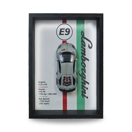 Lamborghini Huracan Nardo Grey 3D Car Frame | 1:32 Nardo Grey Die-Cast Metal Model Car with Wooden Display Frame | Detachable Miniature, Interchangeable Posters, Pull-Back Action, Working Lights & Opening Doors | Premium Collectible Gift for Cars Lovers