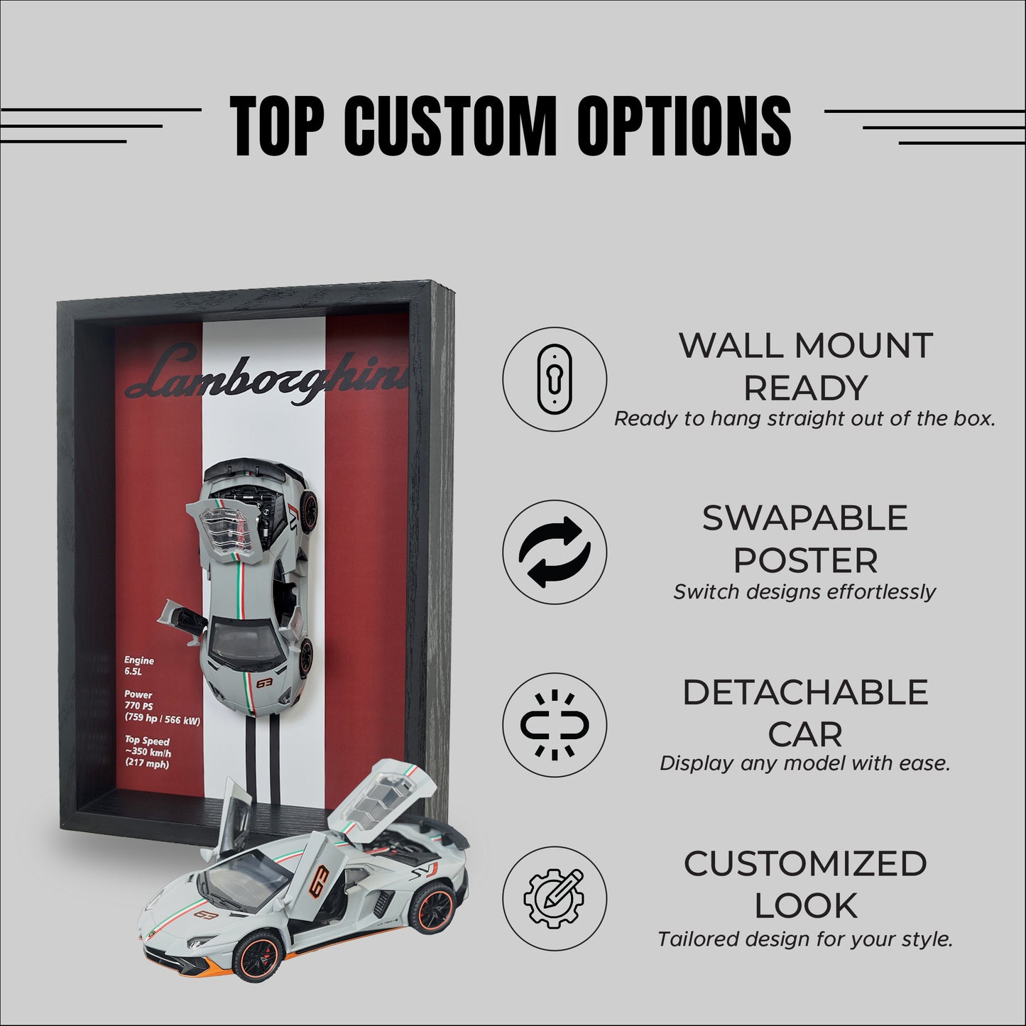 Lamborghini Huracan Nardo Grey 3D Car Frame | 1:32 Nardo Grey Die-Cast Metal Model Car with Wooden Display Frame | Detachable Miniature, Interchangeable Posters, Pull-Back Action, Working Lights & Opening Doors | Premium Collectible Gift for Cars Lovers