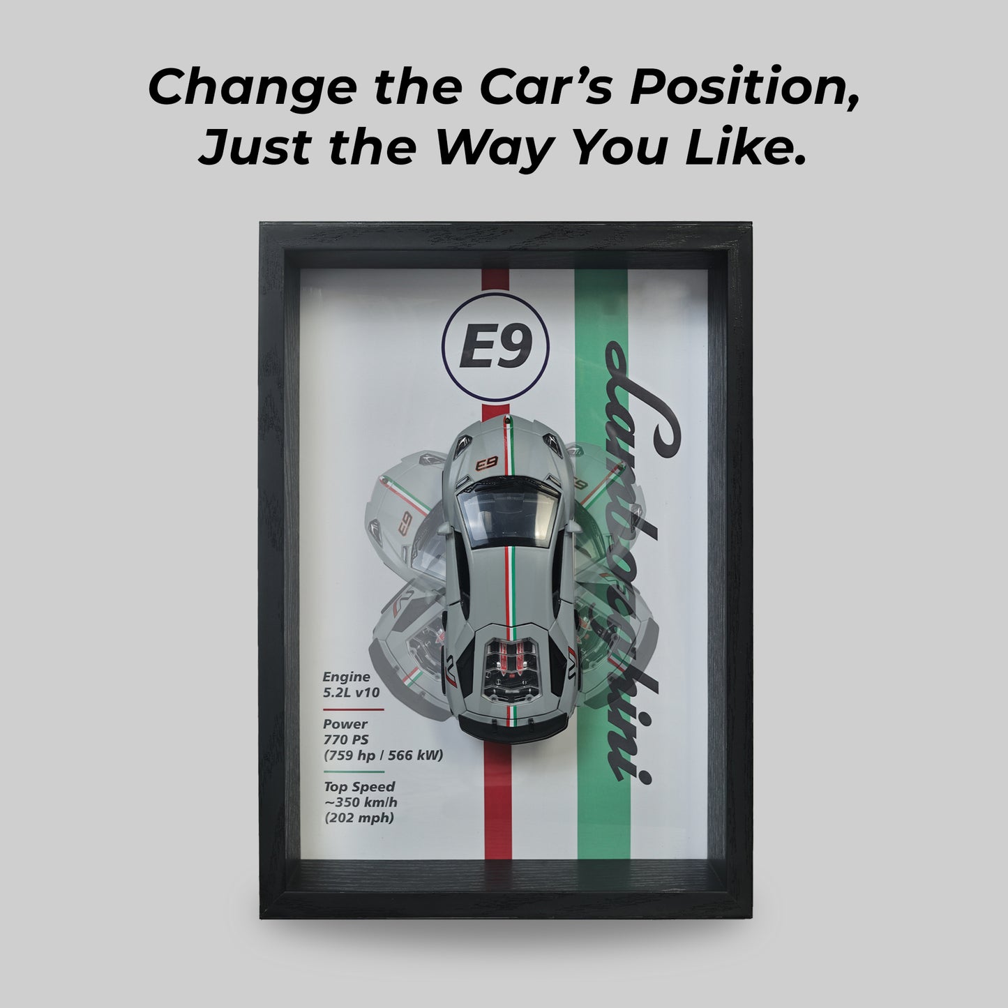 Lamborghini Huracan Nardo Grey 3D Car Frame | 1:32 Nardo Grey Die-Cast Metal Model Car with Wooden Display Frame | Detachable Miniature, Interchangeable Posters, Pull-Back Action, Working Lights & Opening Doors | Premium Collectible Gift for Cars Lovers