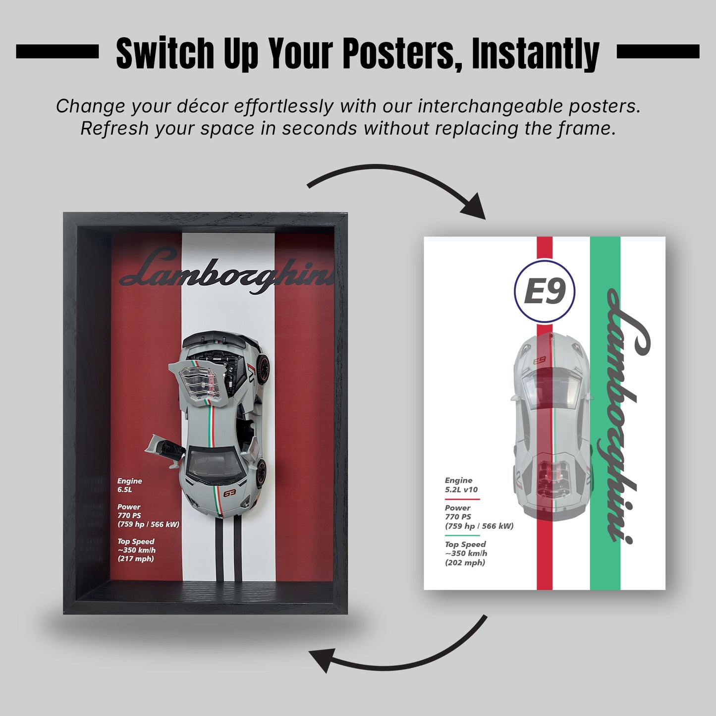 Lamborghini Huracan Nardo Grey 3D Car Frame | 1:32 Nardo Grey Die-Cast Metal Model Car with Wooden Display Frame | Detachable Miniature, Interchangeable Posters, Pull-Back Action, Working Lights & Opening Doors | Premium Collectible Gift for Cars Lovers