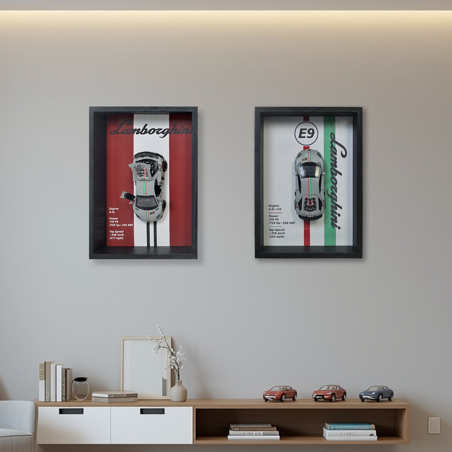 Lamborghini Huracan Nardo Grey 3D Car Frame | 1:32 Nardo Grey Die-Cast Metal Model Car with Wooden Display Frame | Detachable Miniature, Interchangeable Posters, Pull-Back Action, Working Lights & Opening Doors | Premium Collectible Gift for Cars Lovers