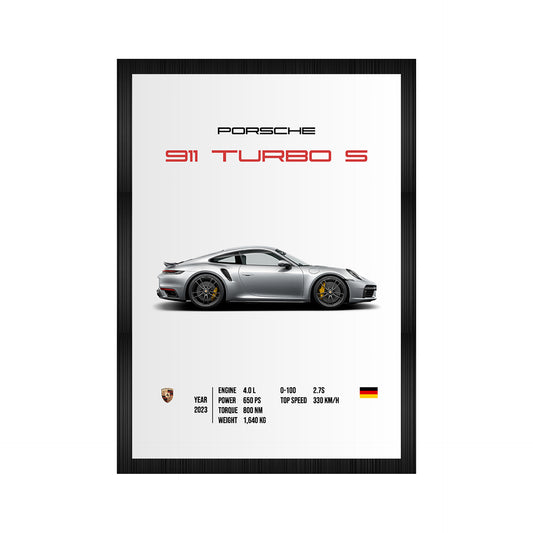 Porsche 911 Turbo S Racing Car Wall Poster Framed A4 Size