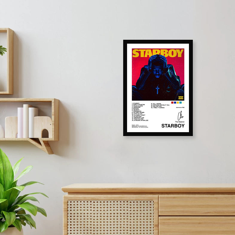 The Weeknd Starboy Album Cover Poster - Framed artwork featuring iconic Starboy album cover on a wall