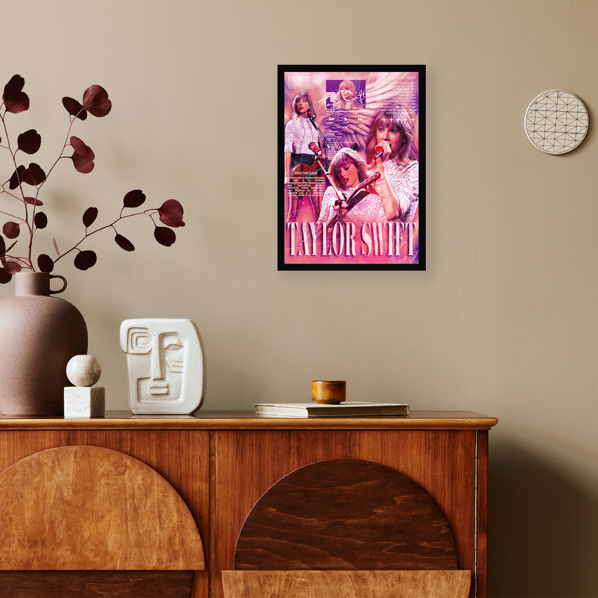 Taylor Swift The Eras Tour A4 Wall Poster on beige wall with wooden table with vase and other show piece on table 