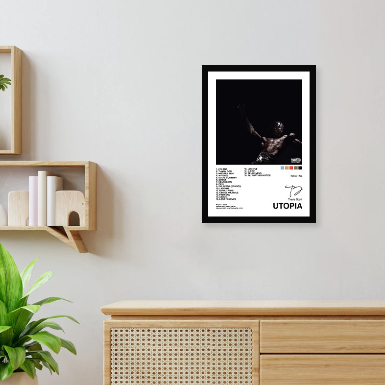 A sleek, framed poster featuring the iconic album cover artwork against a vibrant background