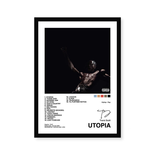 Travis Scott Utopia Album Cover A4 Wall Poster Framed: An iconic artwork featuring Travis Scott's album cover, framed and ready to adorn any space with musical brilliance