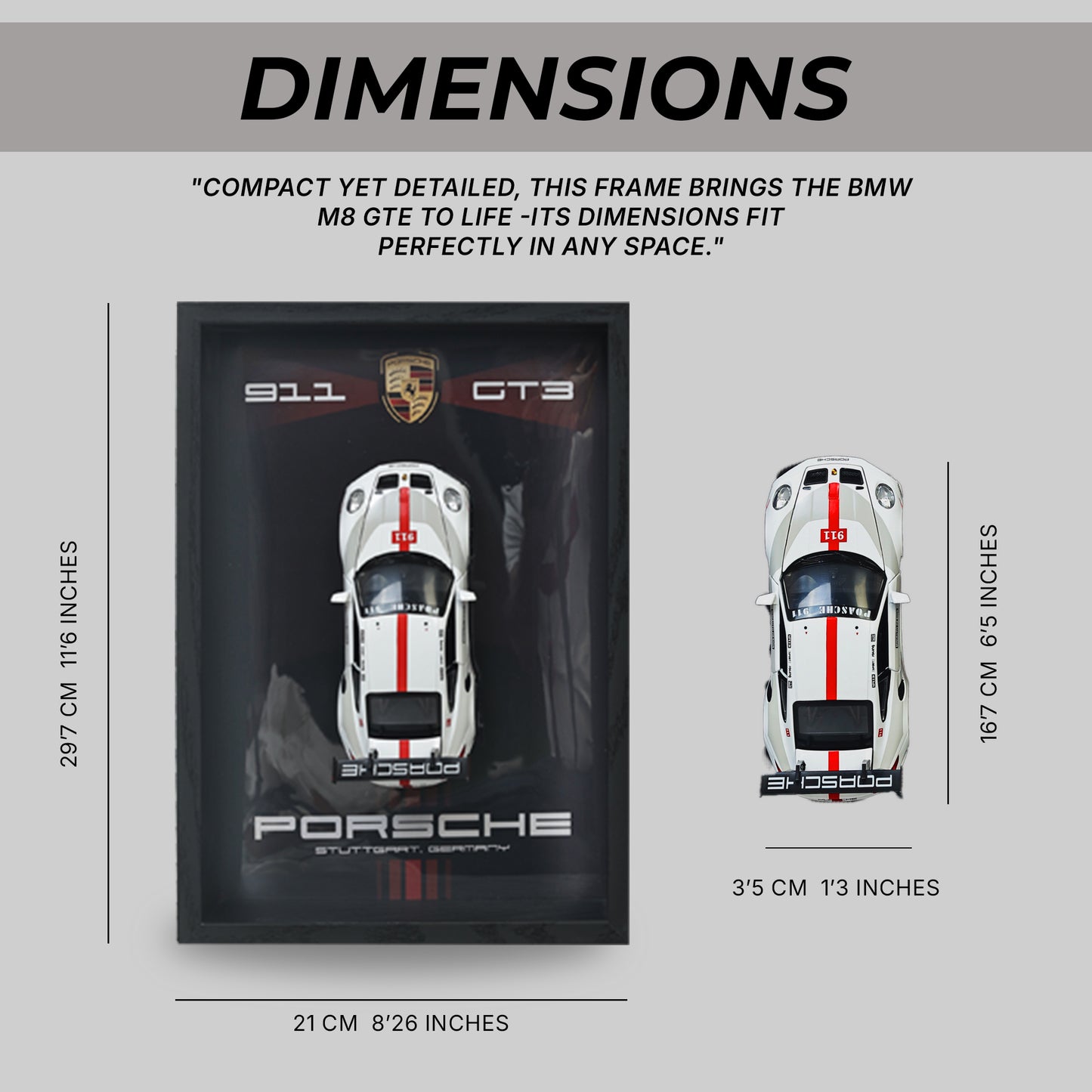 Porsche GT3 RS 3D Car Frame Wall Art | 1:32 Die-Cast Metal Model Car with Wooden Display Frame | Detachable Miniature, Interchangeable Posters, Pull-Back Action, Working Lights & Opening Doors | Premium Collectible Gift for Cars Lovers