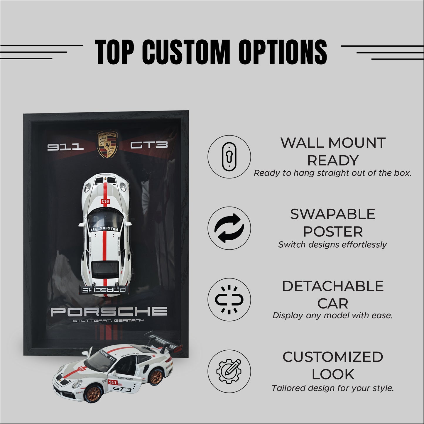 Porsche GT3 RS 3D Car Frame Wall Art | 1:32 Die-Cast Metal Model Car with Wooden Display Frame | Detachable Miniature, Interchangeable Posters, Pull-Back Action, Working Lights & Opening Doors | Premium Collectible Gift for Cars Lovers