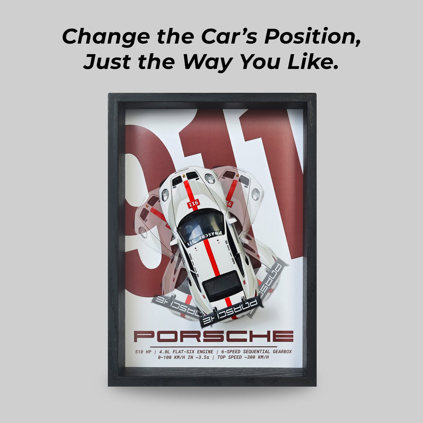 Porsche GT3 RS 3D Car Frame Wall Art | 1:32 Die-Cast Metal Model Car with Wooden Display Frame | Detachable Miniature, Interchangeable Posters, Pull-Back Action, Working Lights & Opening Doors | Premium Collectible Gift for Cars Lovers