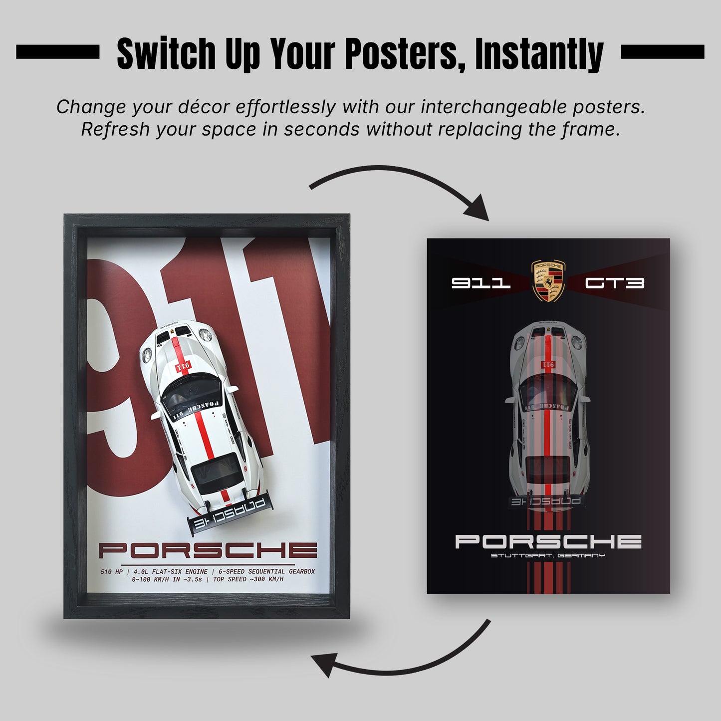 Porsche GT3 RS 3D Car Frame Wall Art | 1:32 Die-Cast Metal Model Car with Wooden Display Frame | Detachable Miniature, Interchangeable Posters, Pull-Back Action, Working Lights & Opening Doors | Premium Collectible Gift for Cars Lovers